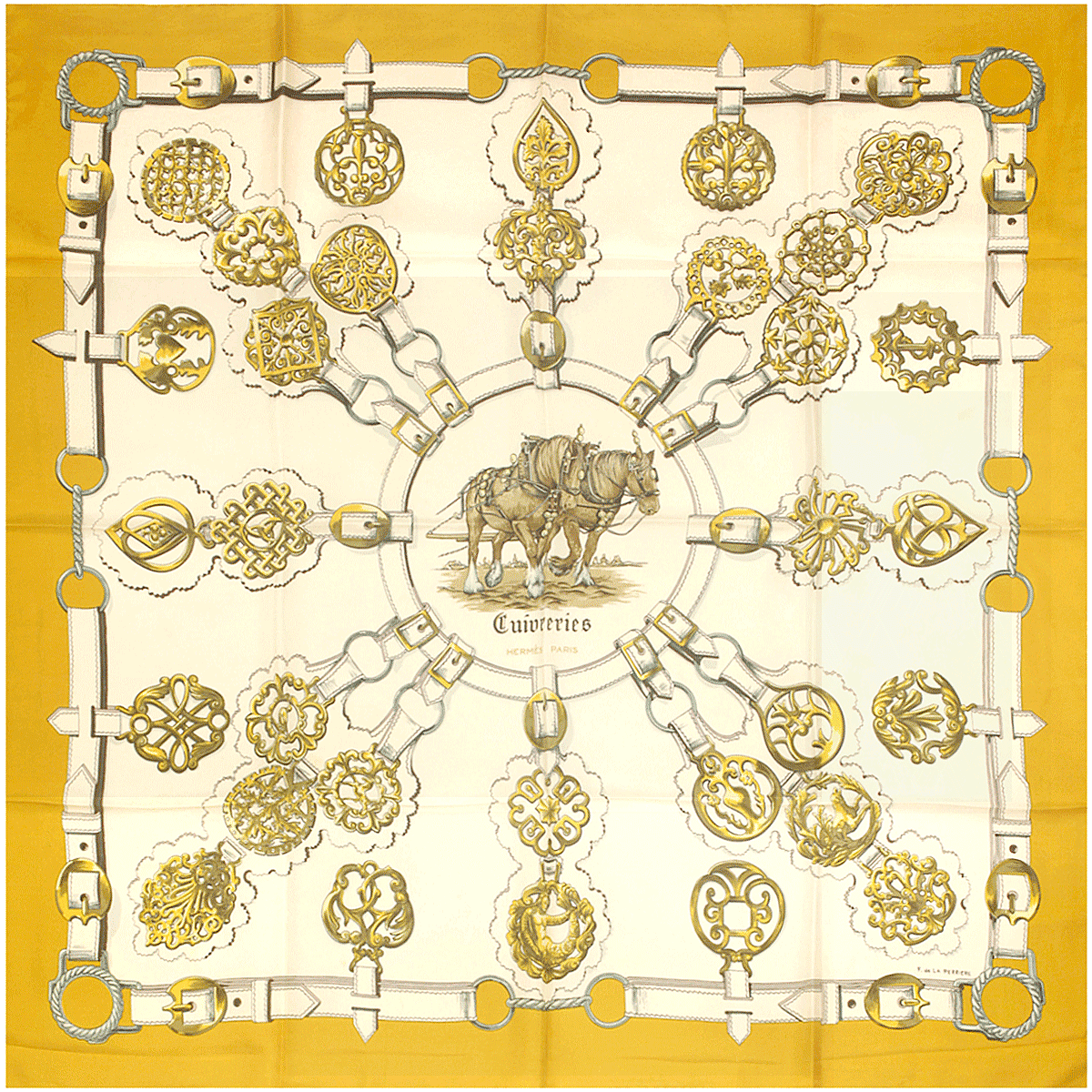 Foulard Carré HERMÈS Vintage 'Cuivreries' 1963 En Soie - Motif Françoise De La Perrière - Occasion Bon état