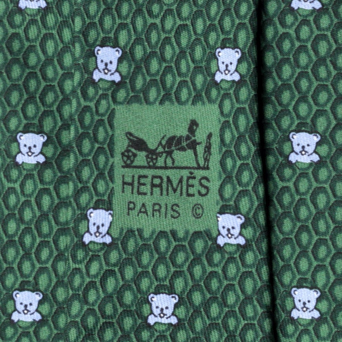 Hermes Men's Silk Tie Whimsical Bears in Honeycomb Pattern 7920 | Necktie Cravate