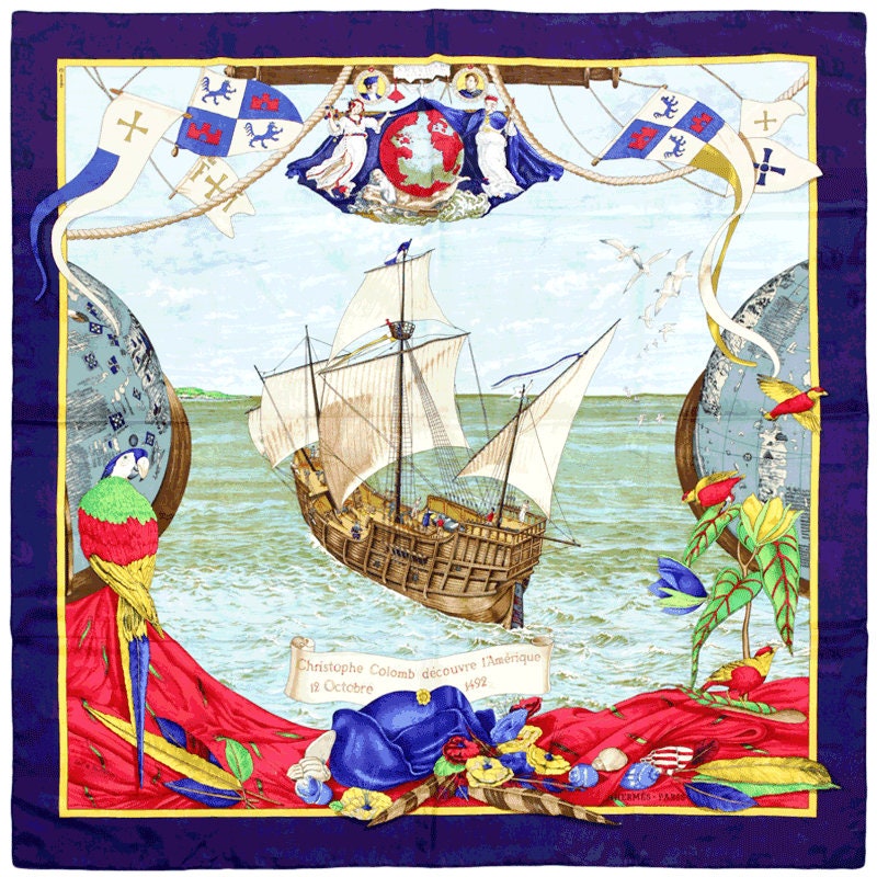 Hermes Scarf Jacquard "Christophe Colomb Decouvre L'Amerique" by Carl De Parcevaux 90cm Silk