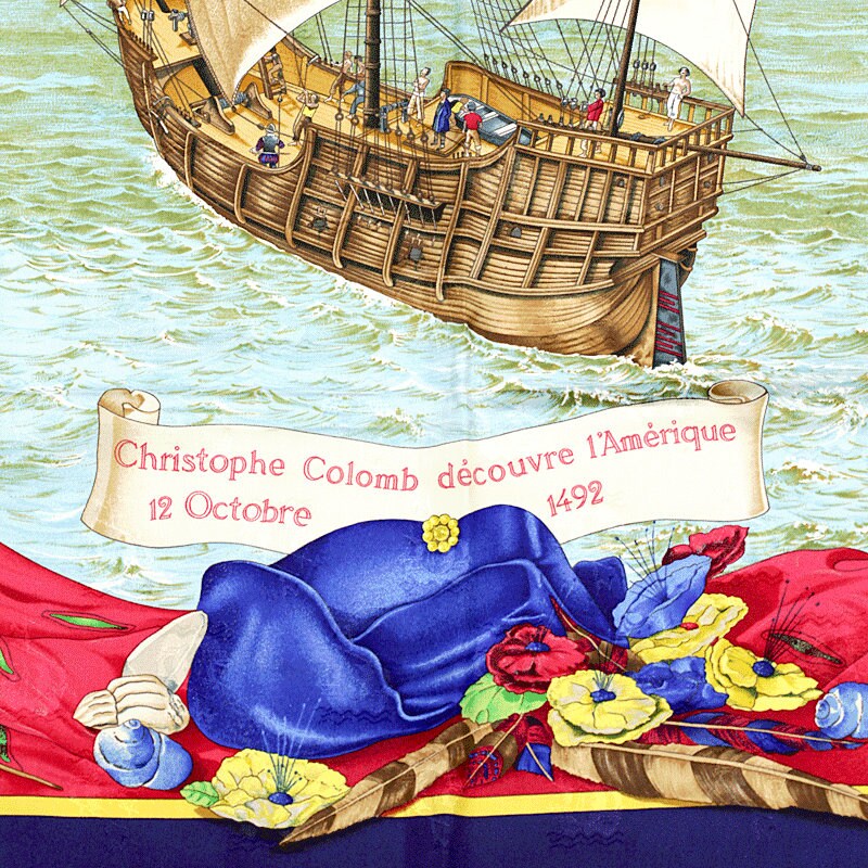 Hermes Scarf Jacquard "Christophe Colomb Decouvre L'Amerique" by Carl De Parcevaux 90cm Silk