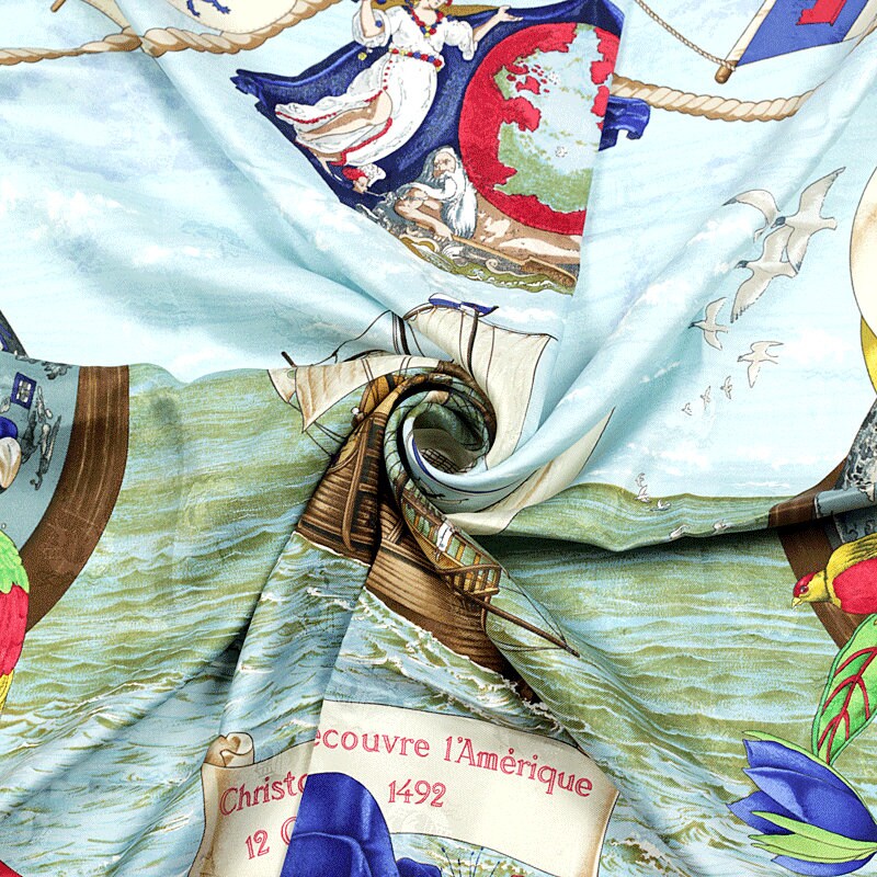 Hermes Scarf Jacquard "Christophe Colomb Decouvre L'Amerique" by Carl De Parcevaux 90cm Silk