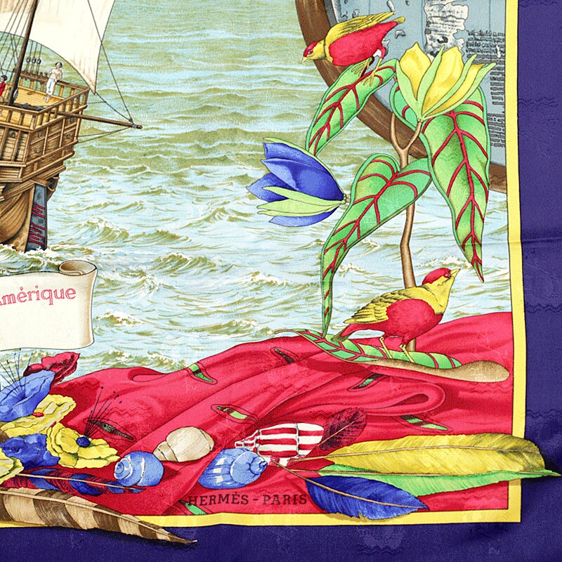 Hermes Scarf Jacquard "Christophe Colomb Decouvre L'Amerique" by Carl De Parcevaux 90cm Silk