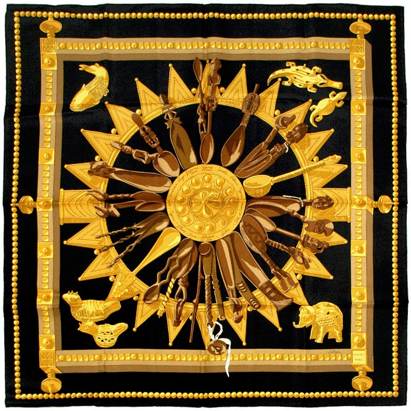 Hermes Scarf "Cuillers d'Afrique" by Caty Latham Vintage 90cm Silk
