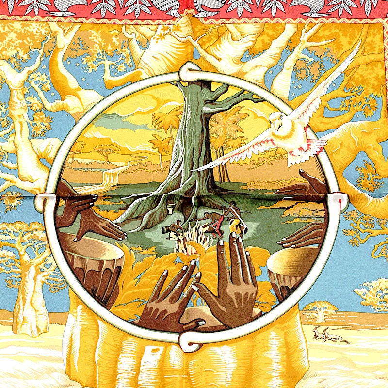 Hermes Scarf "Au Son du Tam Tam" by Laurence Bourthoumieux Vintage 90cm Silk | Carre Foulard NWOT