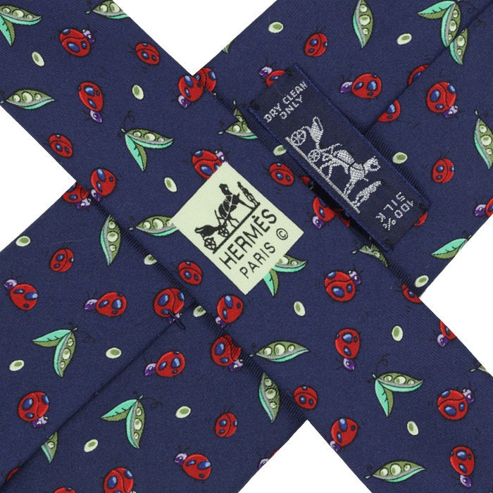 Hermes Men's Silk Tie Ladybugs and Peapods Pattern 7799
