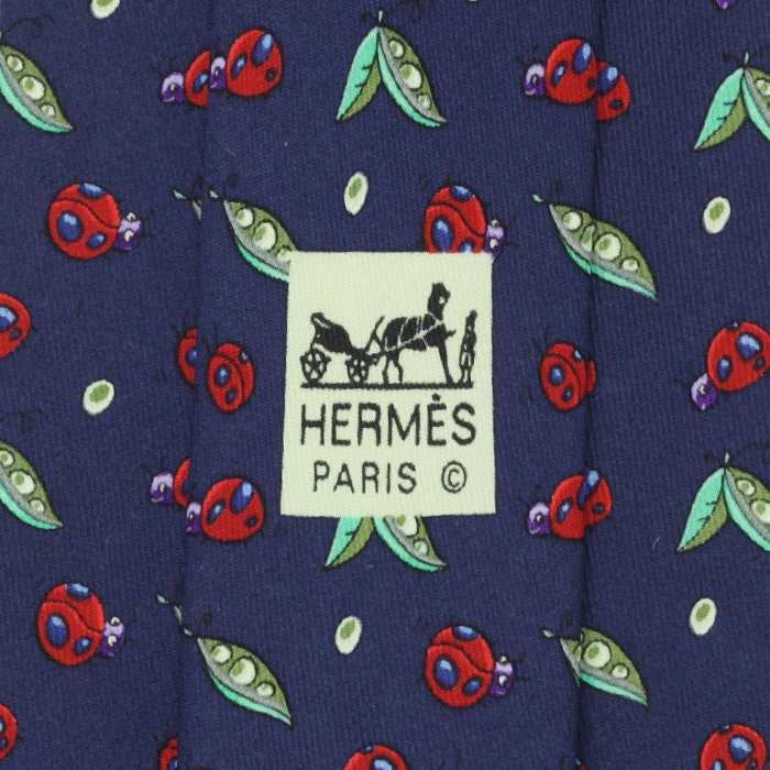 Hermes Men's Silk Tie Ladybugs and Peapods Pattern 7799