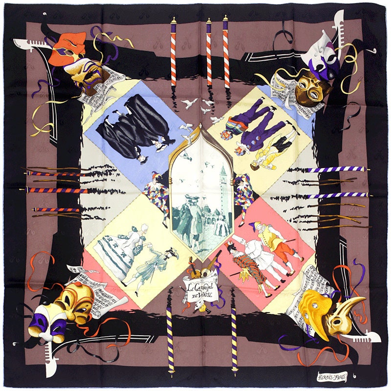 Hermes Scarf "Le Carnaval de Venise" by Hubert de Watrigant Vintage 90cm Silk Jacquard