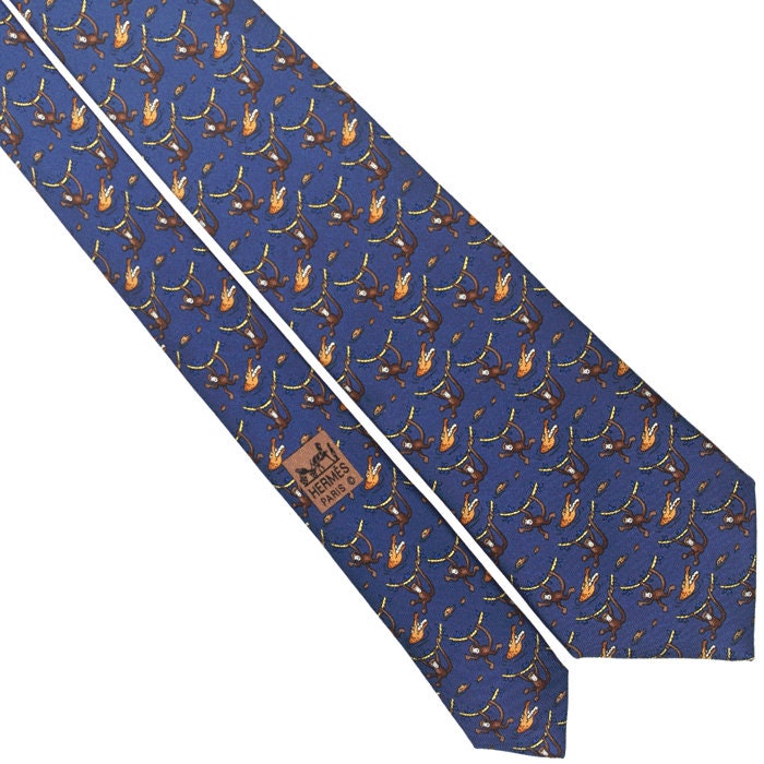 Hermes Men's Silk Tie Whimsical Monkey and Crocodile Pattern 7682