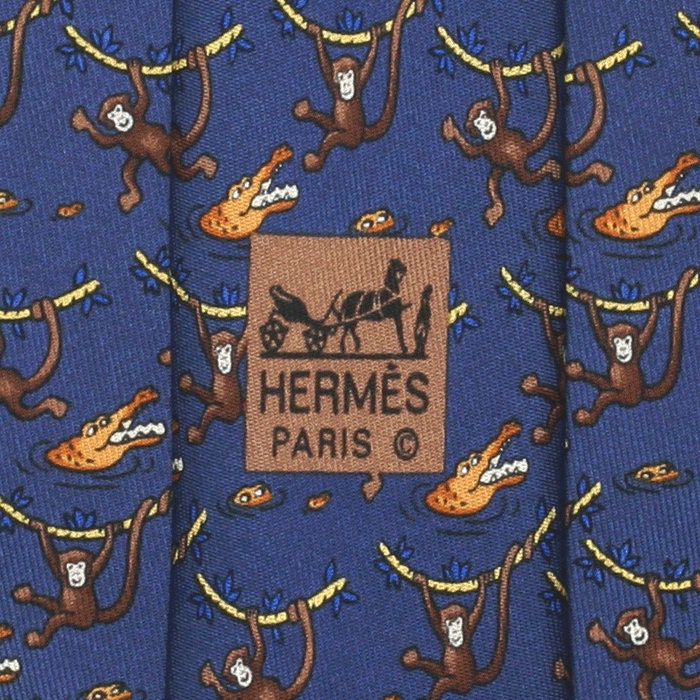 Hermes Men's Silk Tie Whimsical Monkey and Crocodile Pattern 7682