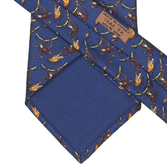 Hermes Men's Silk Tie Whimsical Monkey and Crocodile Pattern 7682