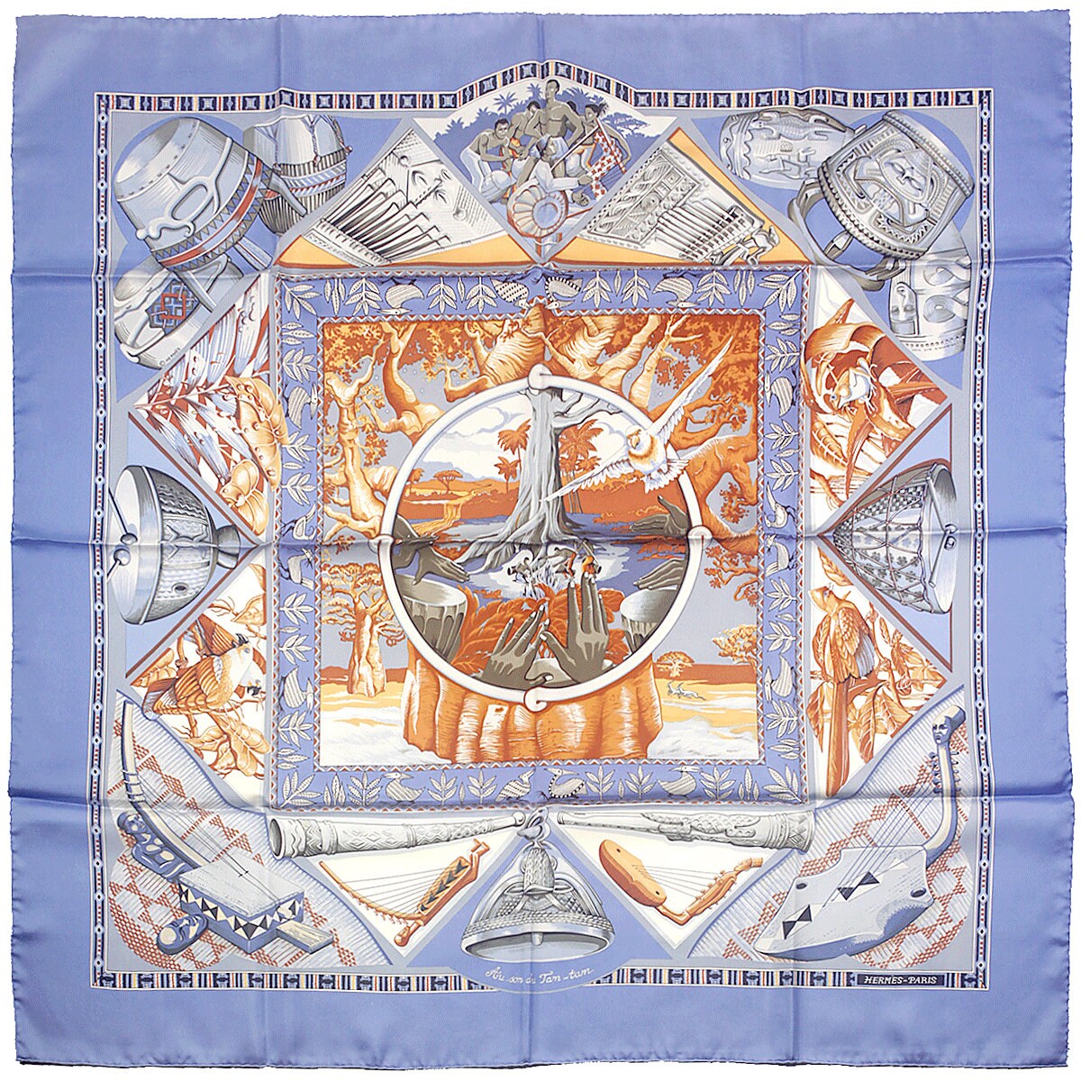 Hermes Scarf "Au Son du Tam Tam" by Laurence Bourthoumieux Vintage 90cm Silk