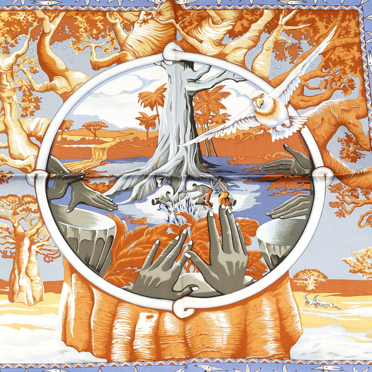 Hermes Scarf "Au Son du Tam Tam" by Laurence Bourthoumieux Vintage 90cm Silk