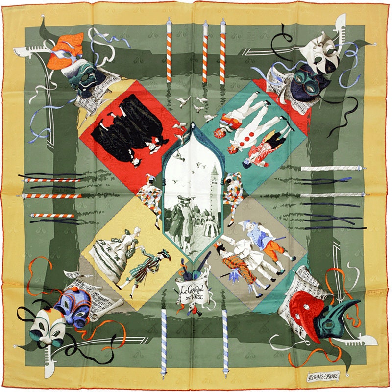 Hermes Scarf "Le Carnaval de Venise" by Hubert de Watrigant Vintage 90cm Silk Jacquard
