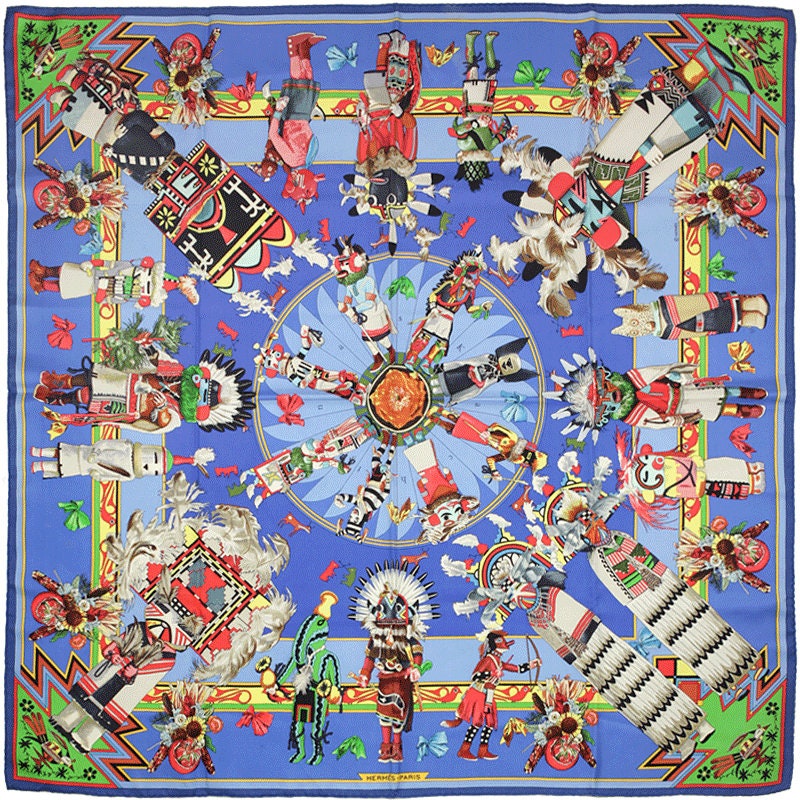 Hermes Scarf "Kachinas" by Kermit Oliver Vintage 90cm Silk