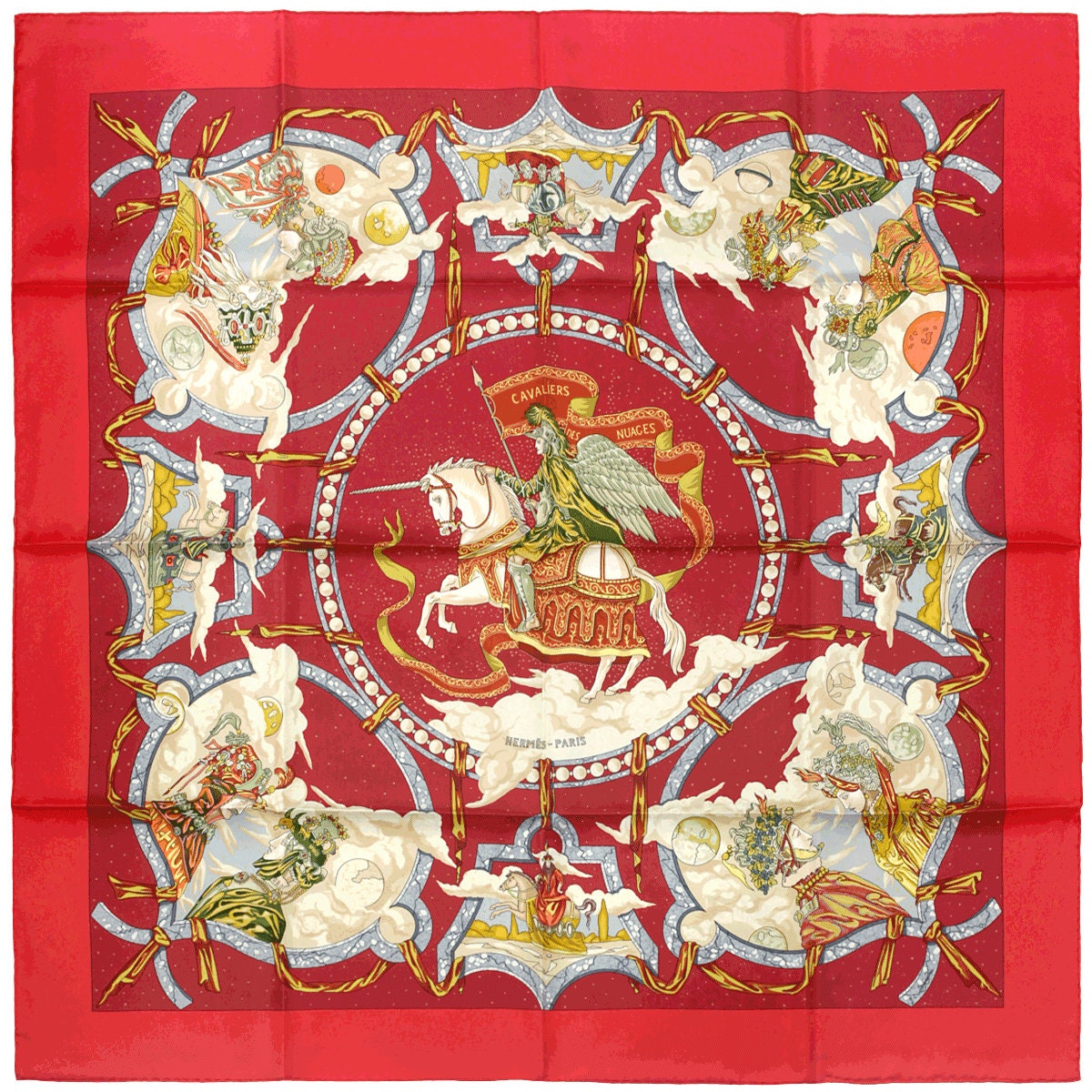 Hermes Scarf "Cavaliers des Nuages" by Jean-Christophe Donnadieu Vintage 90cm Silk