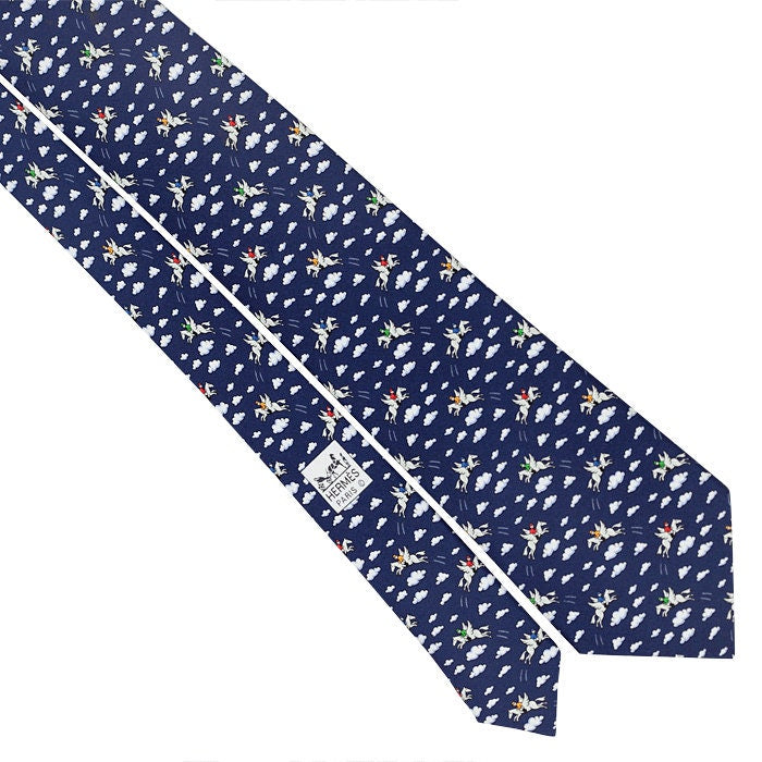 Hermes Men's Silk Tie Whimsical Pegasus Jockeys Pattern 5007