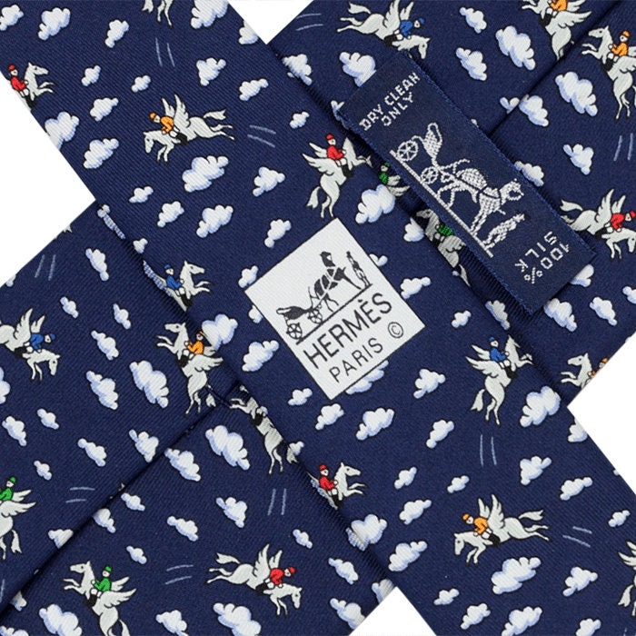 Hermes Men's Silk Tie Whimsical Pegasus Jockeys Pattern 5007