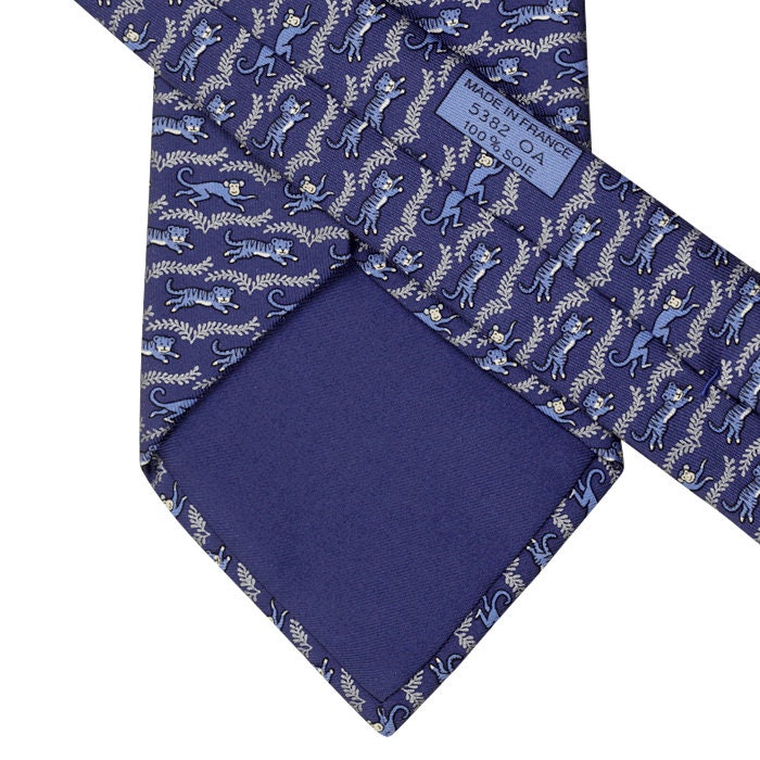Hermes Men's Silk Tie Whimsical Tiger and Monkey Pattern 5382