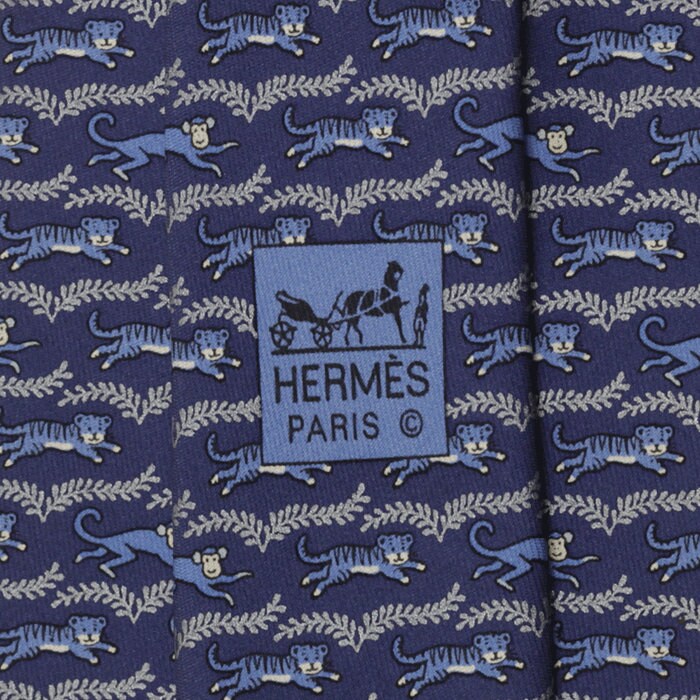 Hermes Men's Silk Tie Whimsical Tiger and Monkey Pattern 5382