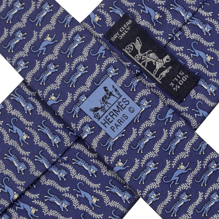 Hermes Men's Silk Tie Whimsical Tiger and Monkey Pattern 5382