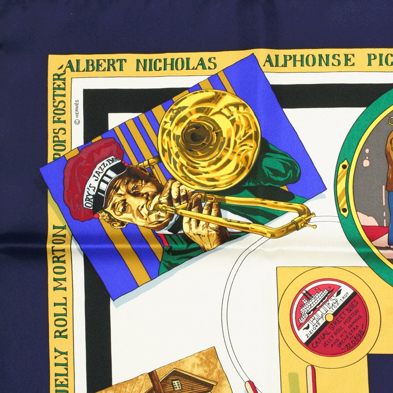 Hermes Scarf "New Orleans Creole Jazz" by Loic Dubigeon Vintage 90cm Silk