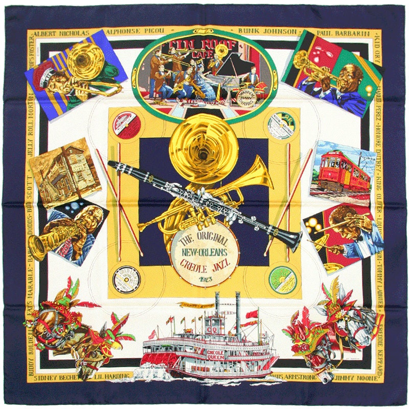 Hermes Scarf "New Orleans Creole Jazz" by Loic Dubigeon Vintage 90cm Silk