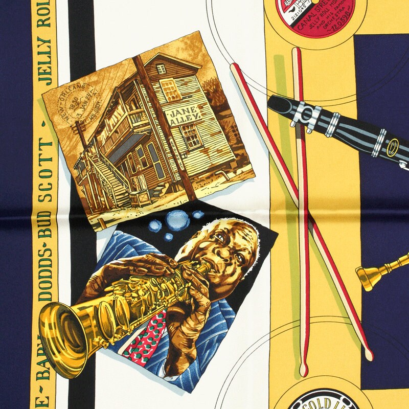 Hermes Scarf "New Orleans Creole Jazz" by Loic Dubigeon Vintage 90cm Silk