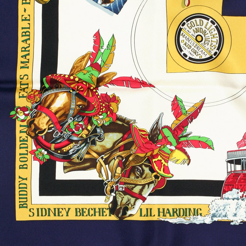 Hermes Scarf "New Orleans Creole Jazz" by Loic Dubigeon Vintage 90cm Silk