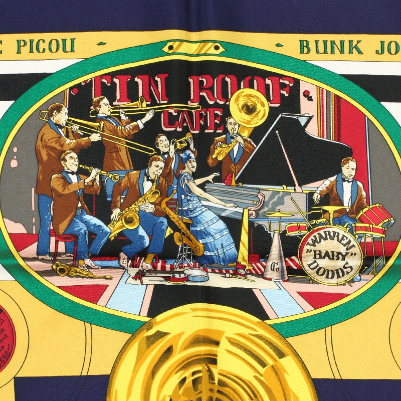 Hermes Scarf "New Orleans Creole Jazz" by Loic Dubigeon Vintage 90cm Silk