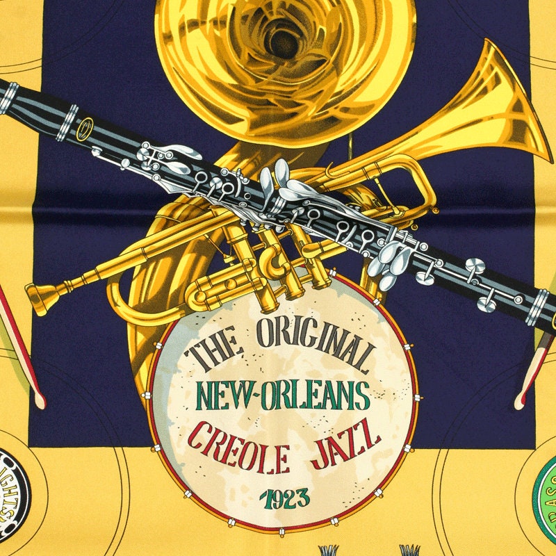 Hermes Scarf "New Orleans Creole Jazz" by Loic Dubigeon Vintage 90cm Silk