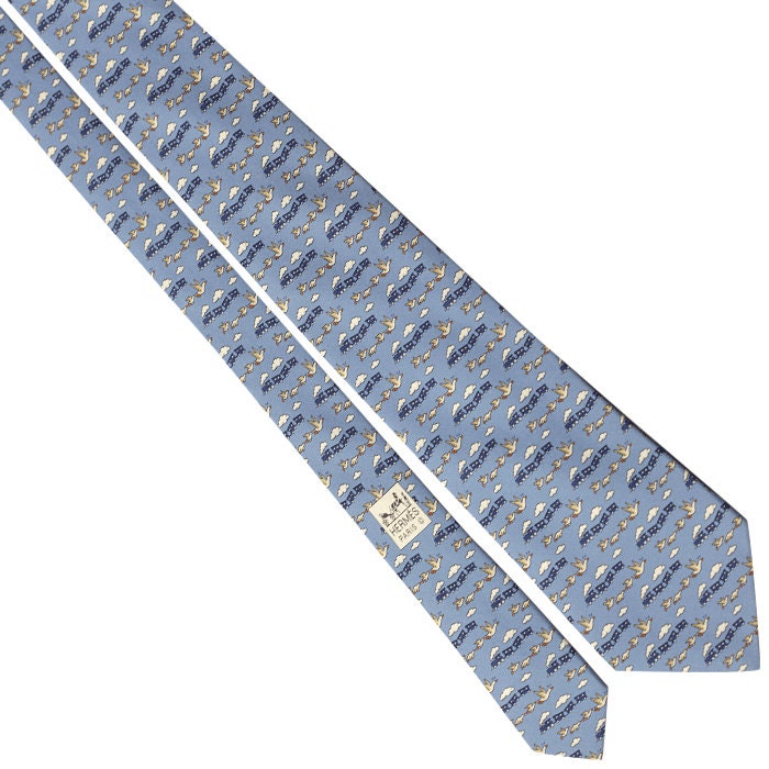 Hermes Men's Silk Tie Whimsical Flying Trains and Geese Pattern 5484