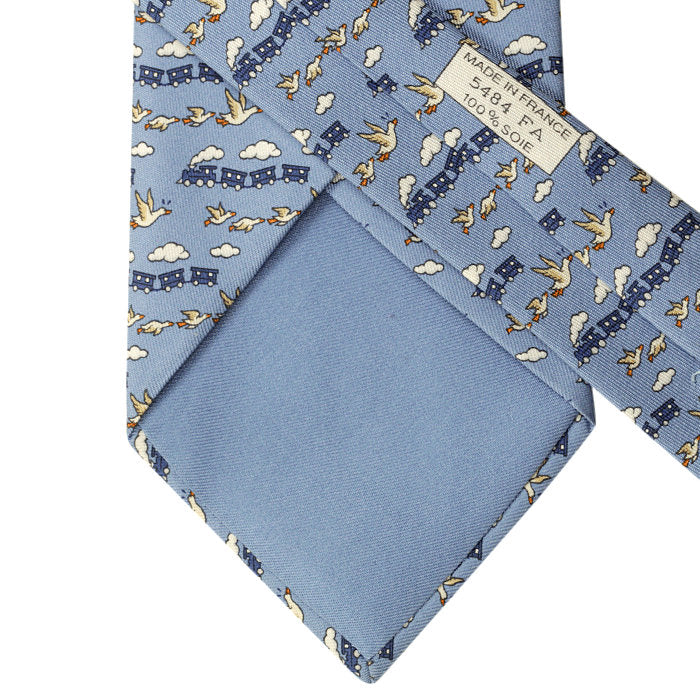 Hermes Men's Silk Tie Whimsical Flying Trains and Geese Pattern 5484