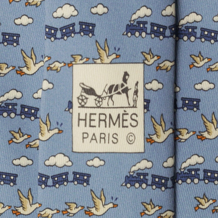 Hermes Men's Silk Tie Whimsical Flying Trains and Geese Pattern 5484