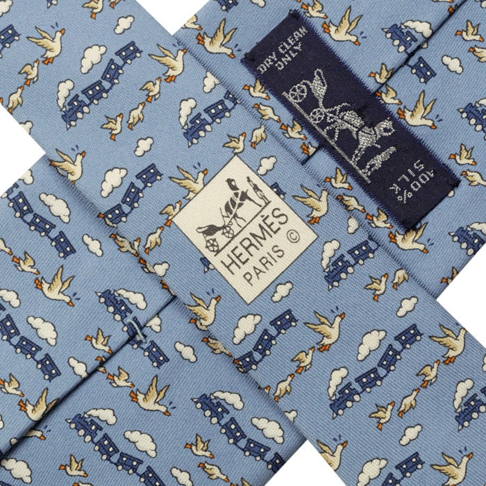 Hermes Men's Silk Tie Whimsical Flying Trains and Geese Pattern 5484