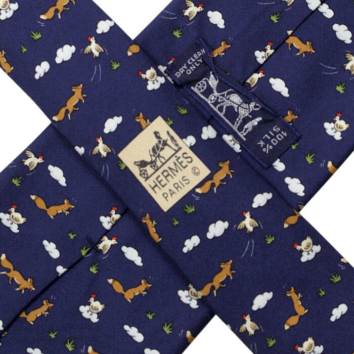 Hermes Men's Silk Tie Whimsical Fox and Hen Pattern 5064 | Necktie Cravate