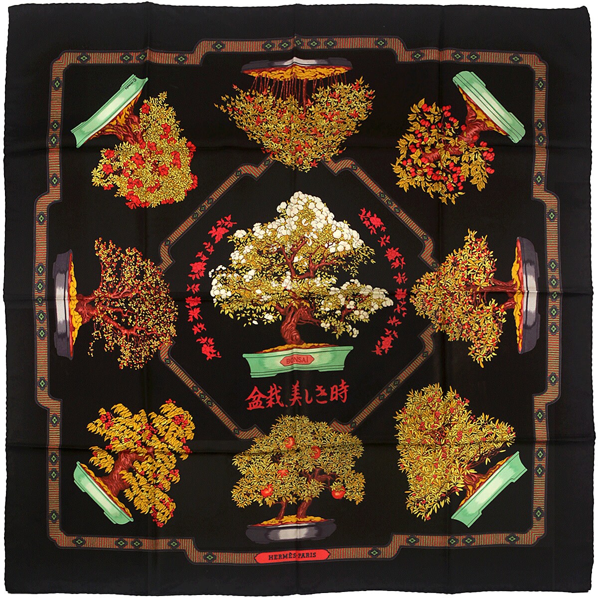 Hermes Scarf "Les Beaux Jours de Bonsai" by Catherine Baschet 90cm Silk | Carre Foulard