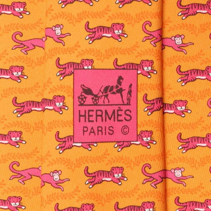 Hermes Men's Silk Tie Whimsical Tiger and Monkey Pattern 5382 | Necktie Cravate