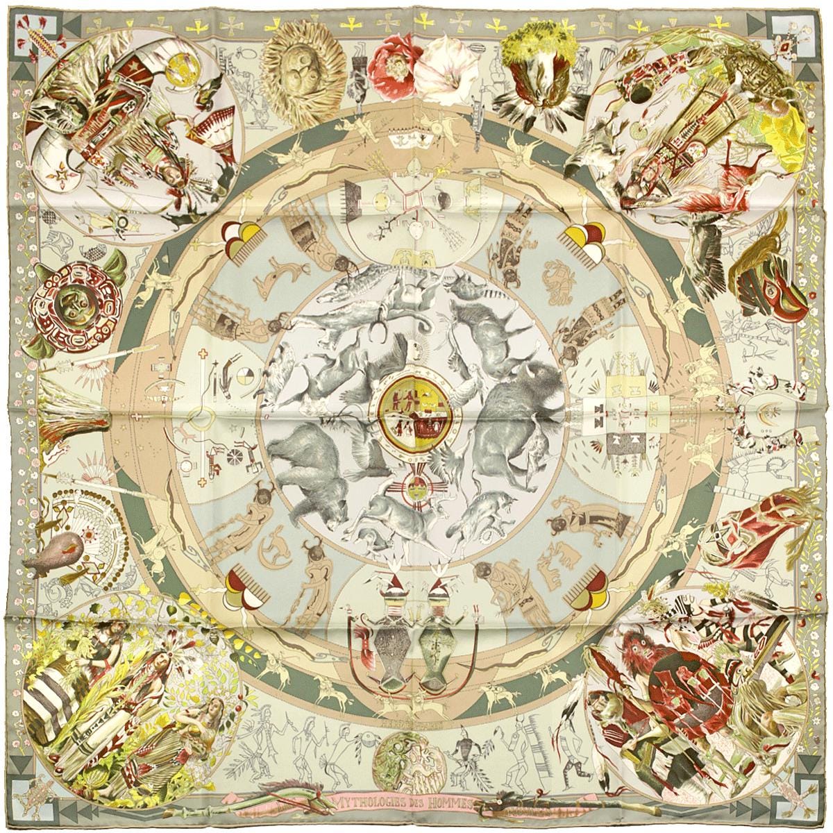 Hermes Scarf "Mythologies des Hommes Rouges" by Kermit Oliver 90cm Silk