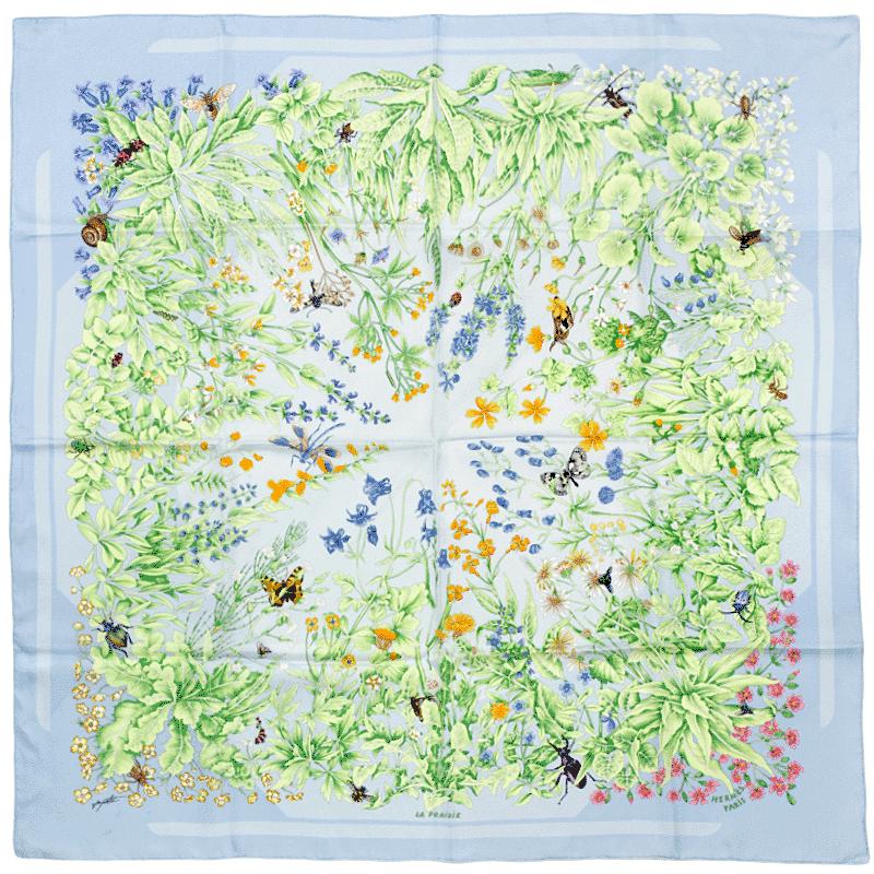 Carré HERMES La Prairie Vintage 1990/2000 Soie Bleu Vert Fleurs Insectes - Occasion