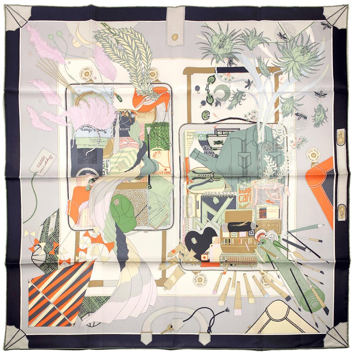 Hermes Scarf "Bagage a Main" by Rosa Maria Unda Souki 90cm Silk