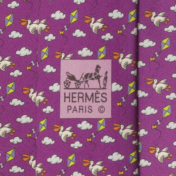 Hermes Men's Silk Tie Pelicans and Kites Pattern 605749 | Necktie Cravate