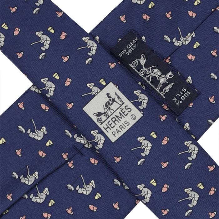Hermes Men's Silk Tie Whimsical Ice Fishing Pattern 7933