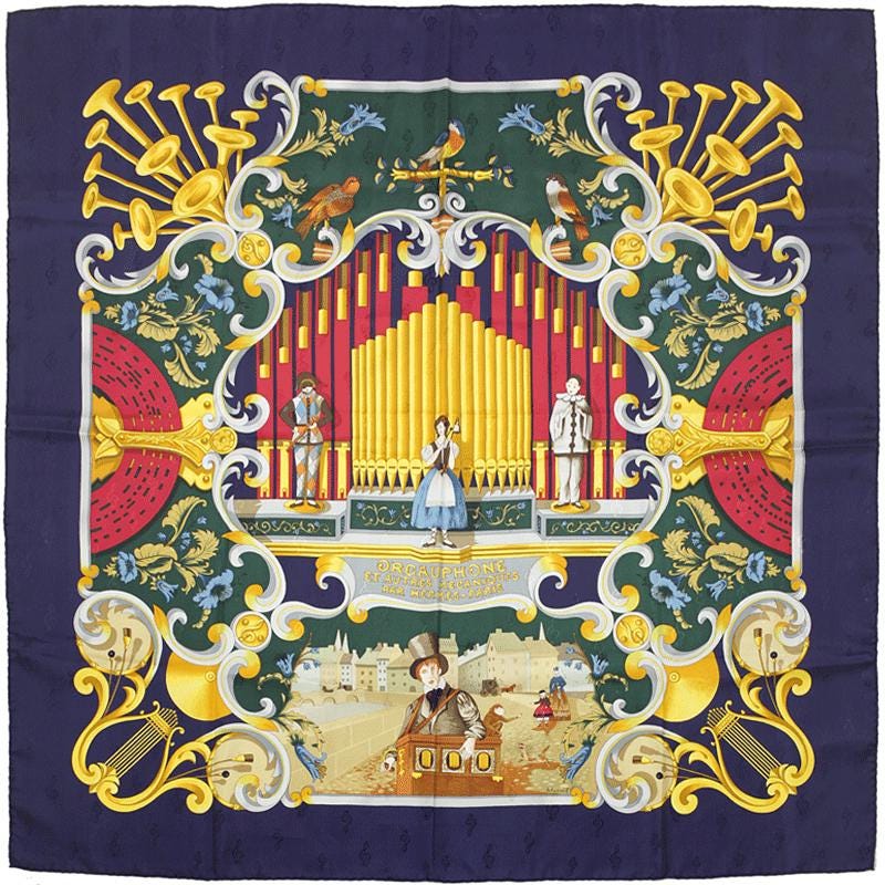 Hermes Scarf "Orgauphone et Autres Mecaniques" by Francoise Faconnet 90cm Silk