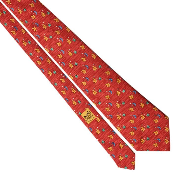 Hermes Men's Silk Tie Fish and Moon Pattern 7785