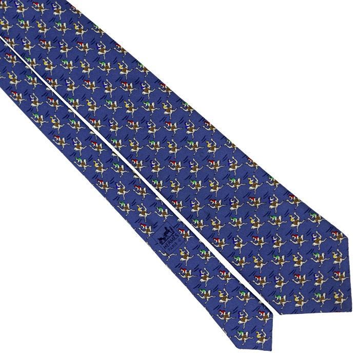 Hermes Men's Silk Tie Whimsical Ostrich Jockeys Pattern 7987