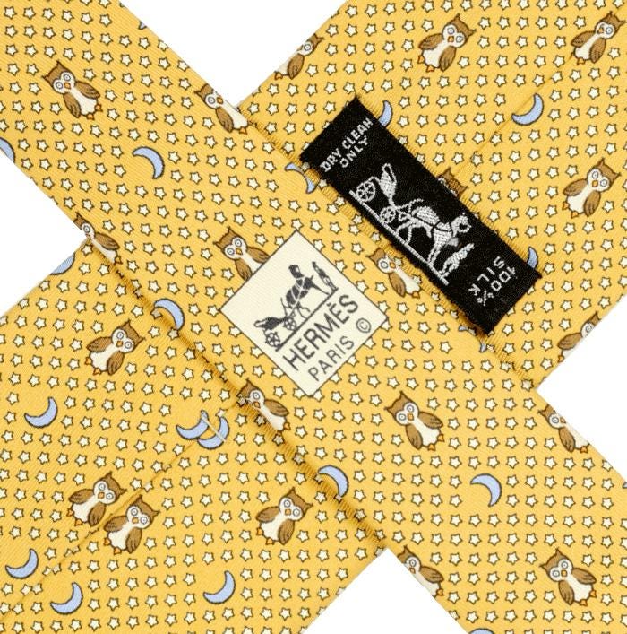 Hermes Men's Silk Tie Whimsical Owls and Moons Pattern 7997 | Necktie Cravate
