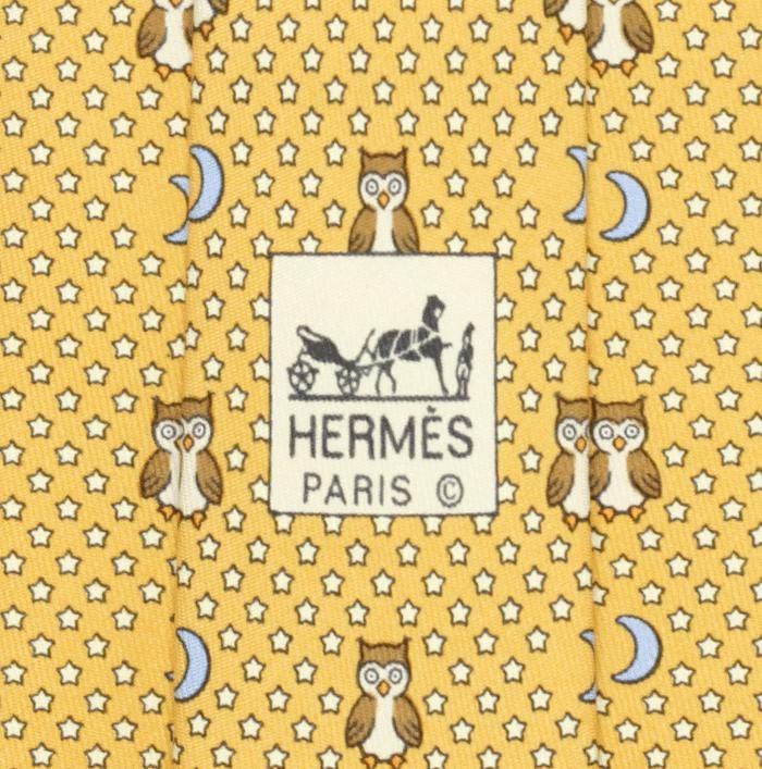 Hermes Men's Silk Tie Whimsical Owls and Moons Pattern 7997 | Necktie Cravate