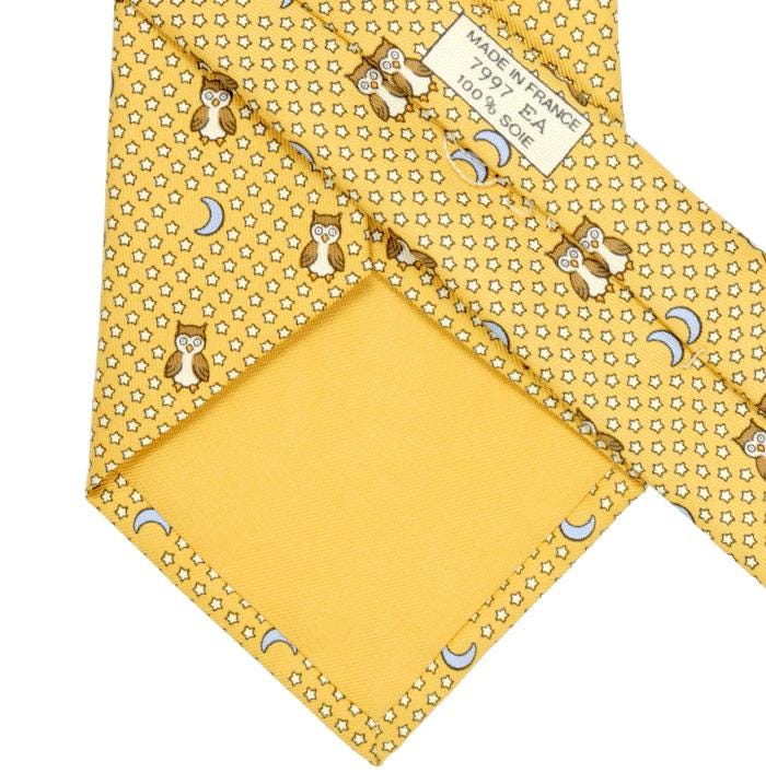 Hermes Men's Silk Tie Whimsical Owls and Moons Pattern 7997 | Necktie Cravate