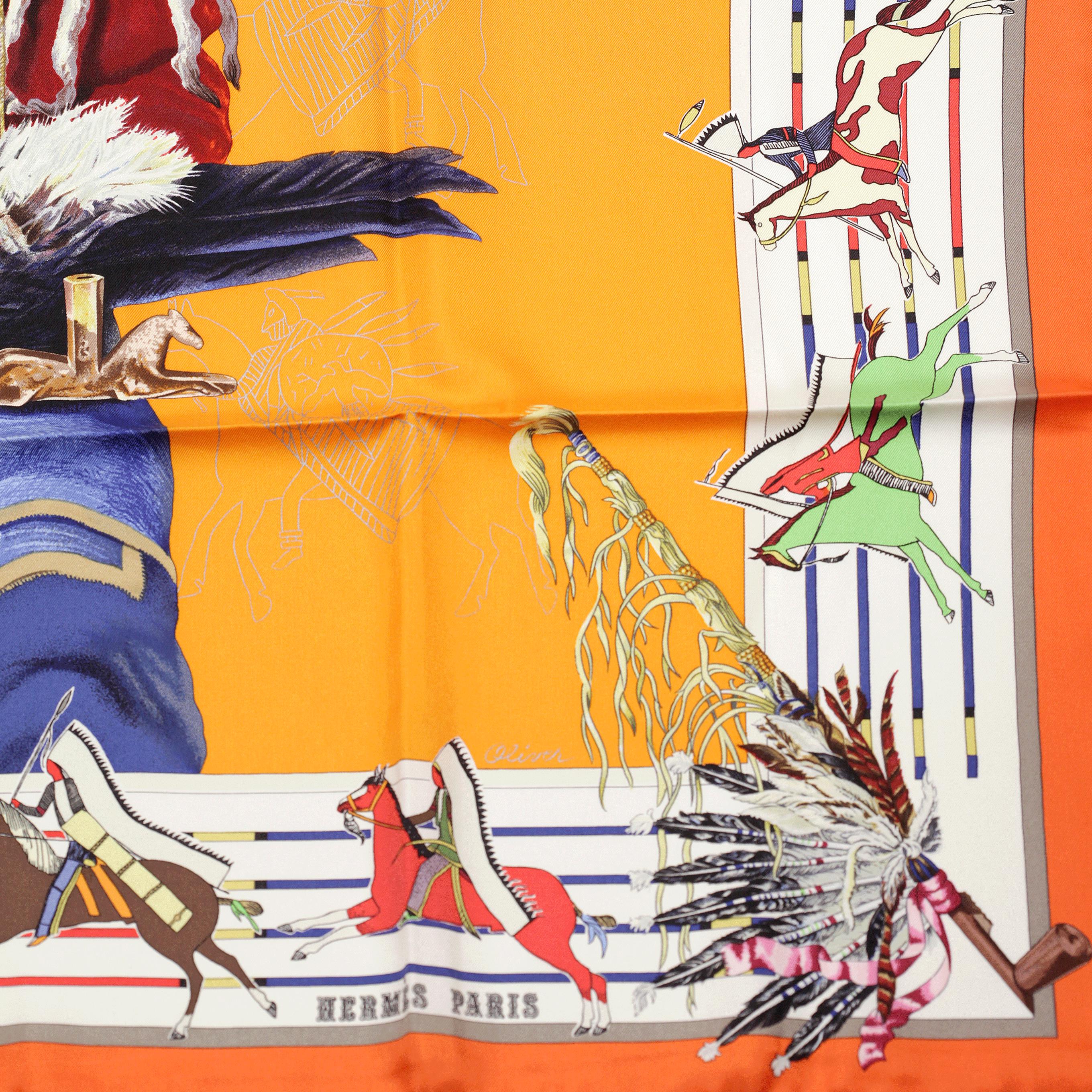 Hermes Scarf "Pani La Shar Pawnee" by Kermit Oliver Wash Carre 90cm Silk