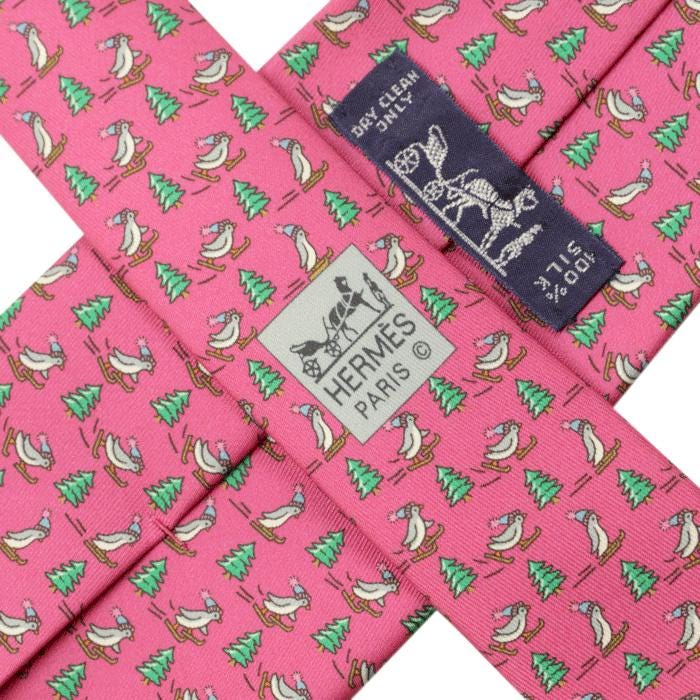 Hermes Men's Silk Tie Whimsical Skiing Penguins Pattern 5605 | Necktie Cravate